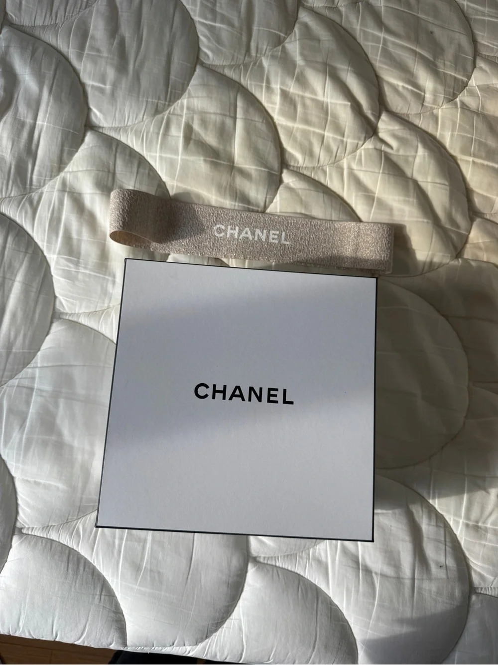 CHANEL White Gift Box with Beige Branded Ribbon